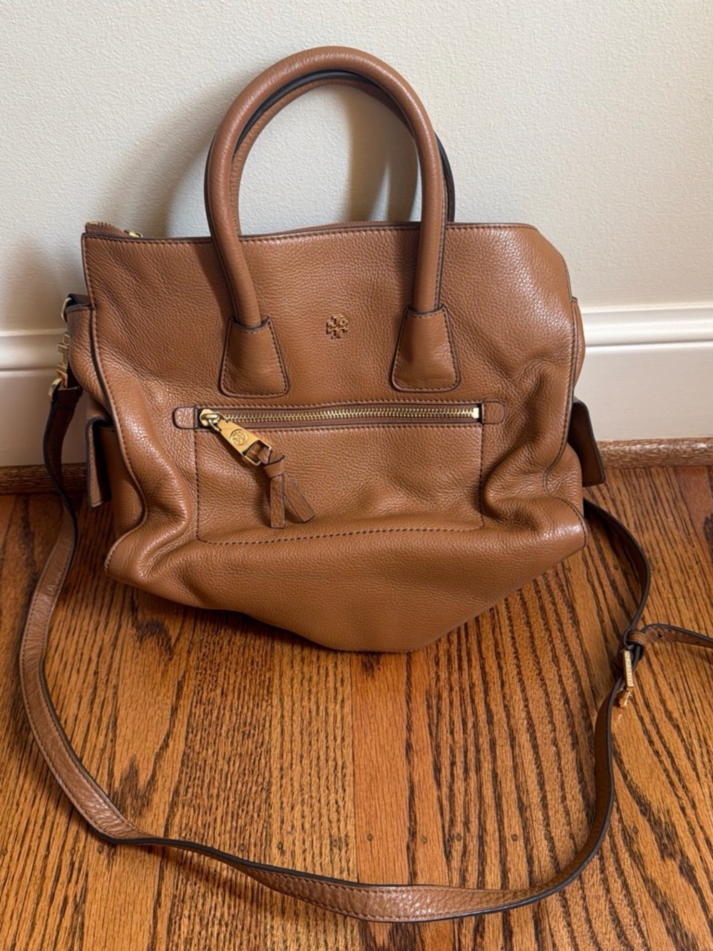 Tory Burch Tan Pebbled Leather Shoulder Satchel